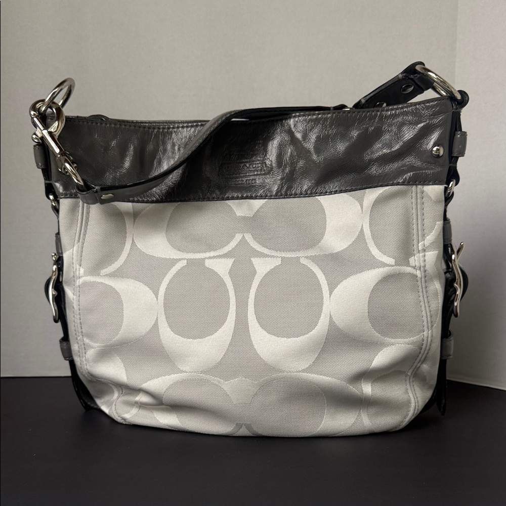 Coach Zoe Hobo Signature
Jacquard Gray Patent Leather Bag.